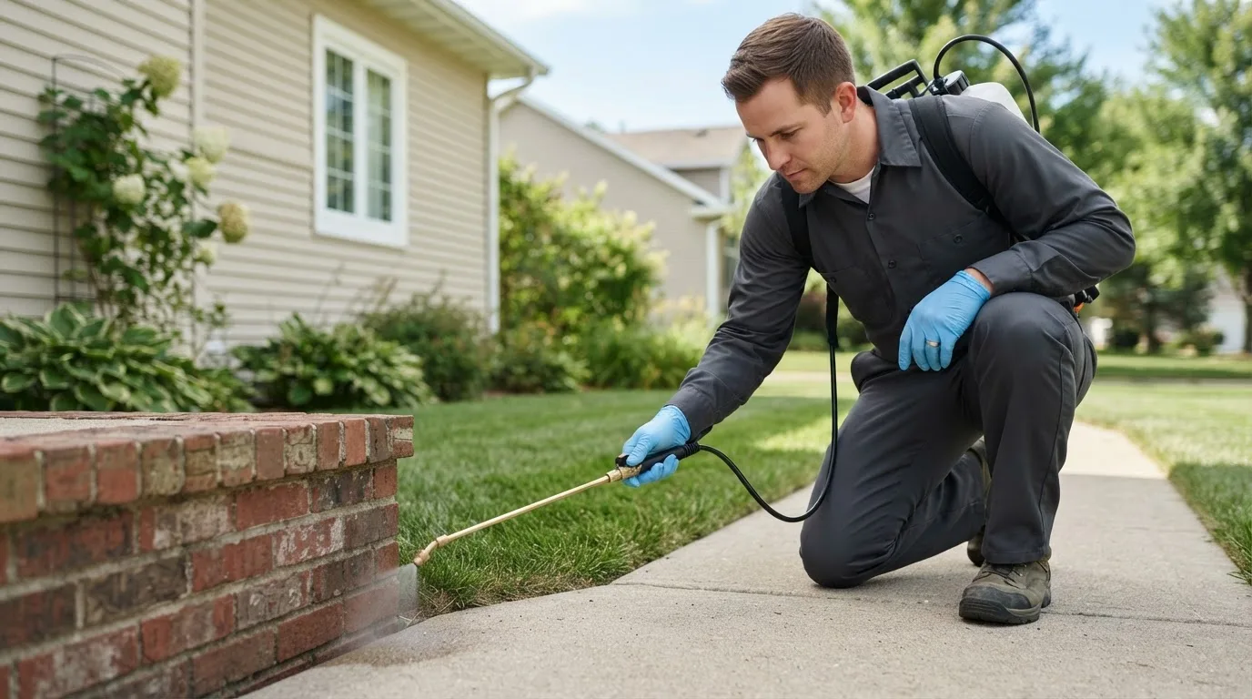 Pest control technician treating a home near Lovettsville, VA